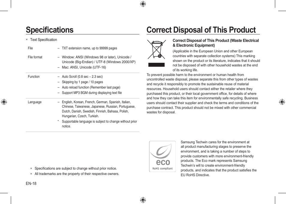 Speciﬁcations, Correct disposal of this product | Samsung i8 User Manual | Page 18 / 56
