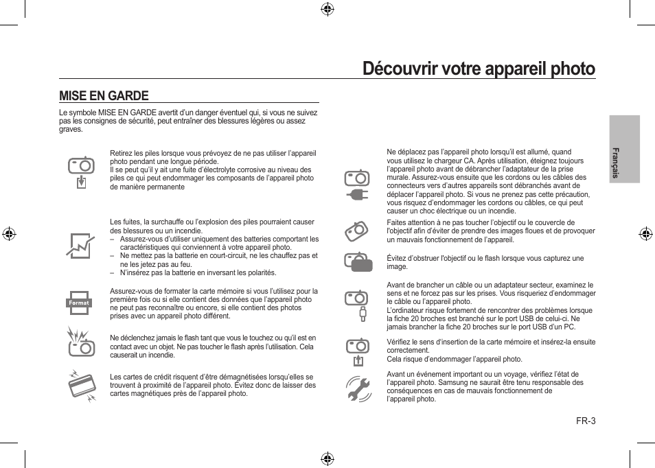 Découvrir votre appareil photo, Mise en garde | Samsung i8 User Manual | Page 23 / 56