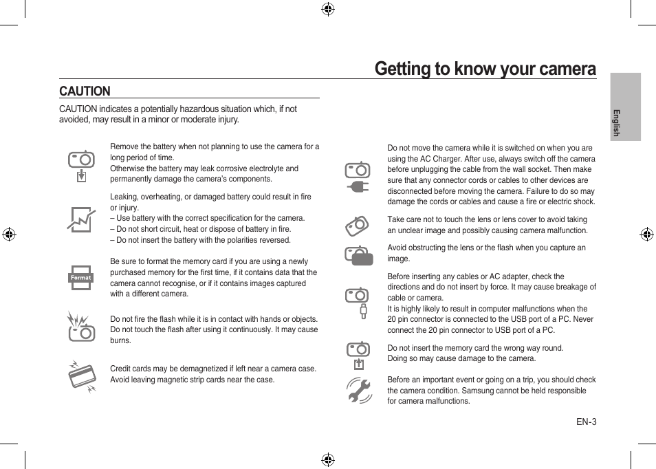 Getting to know your camera, Caution | Samsung i8 User Manual | Page 3 / 56