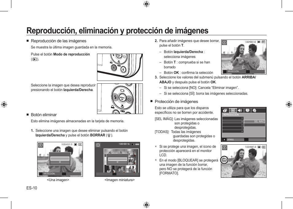 Reproducción, eliminación y protección de imágenes, Es-10, Protección de imágenes | Reproducción de las imágenes, Botón eliminar | Samsung i8 User Manual | Page 48 / 56