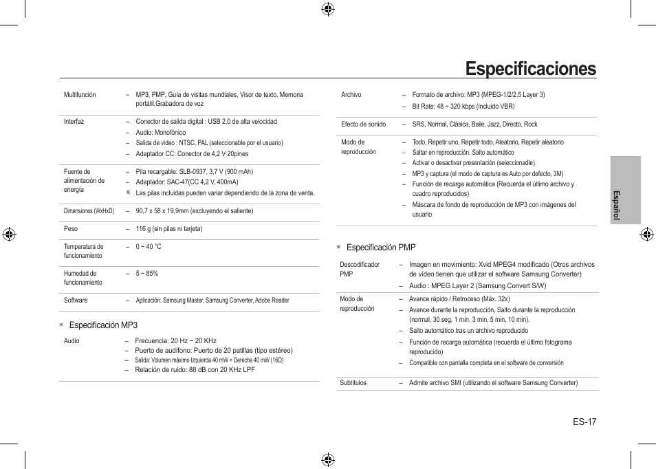 Especiﬁcaciones | Samsung i8 User Manual | Page 55 / 56