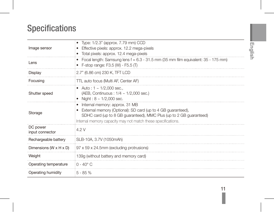 Specifications | Samsung EC-SL502ZBPSUS User Manual | Page 11 / 22