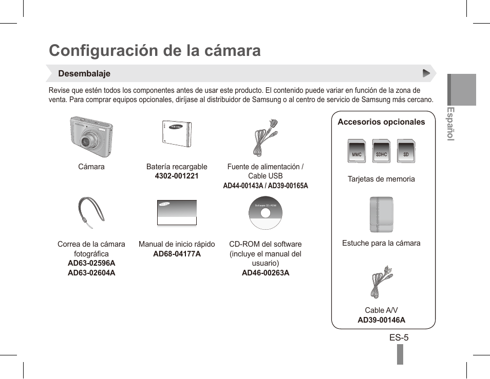 Configuración de la cámara | Samsung EC-SL502ZBPSUS User Manual | Page 15 / 22