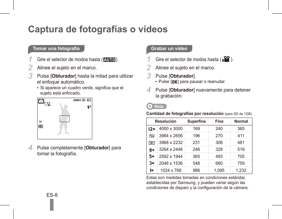 Captura de fotografías o vídeos | Samsung EC-SL502ZBPSUS User Manual | Page 18 / 22