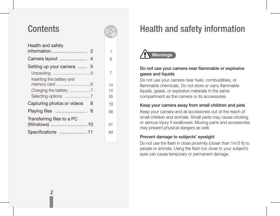 Health and safety information contents | Samsung EC-SL502ZBPSUS User Manual | Page 2 / 22