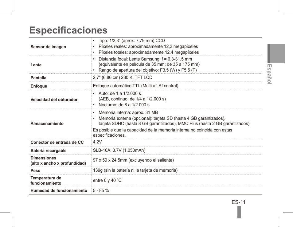 Especificaciones | Samsung EC-SL502ZBPSUS User Manual | Page 21 / 22