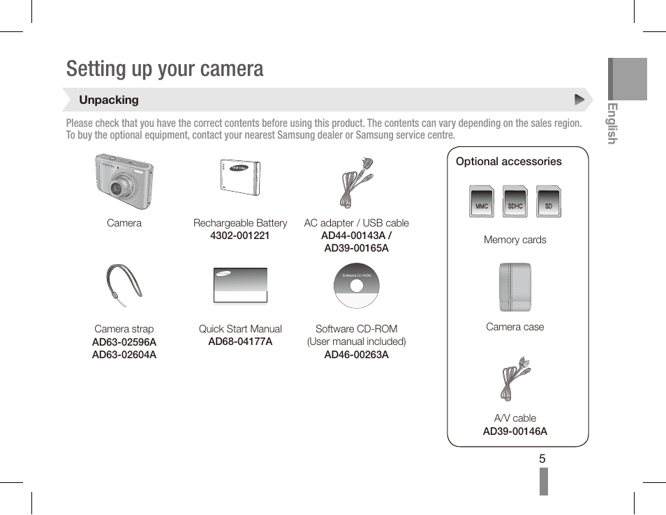 Setting up your camera | Samsung EC-SL502ZBPSUS User Manual | Page 5 / 22