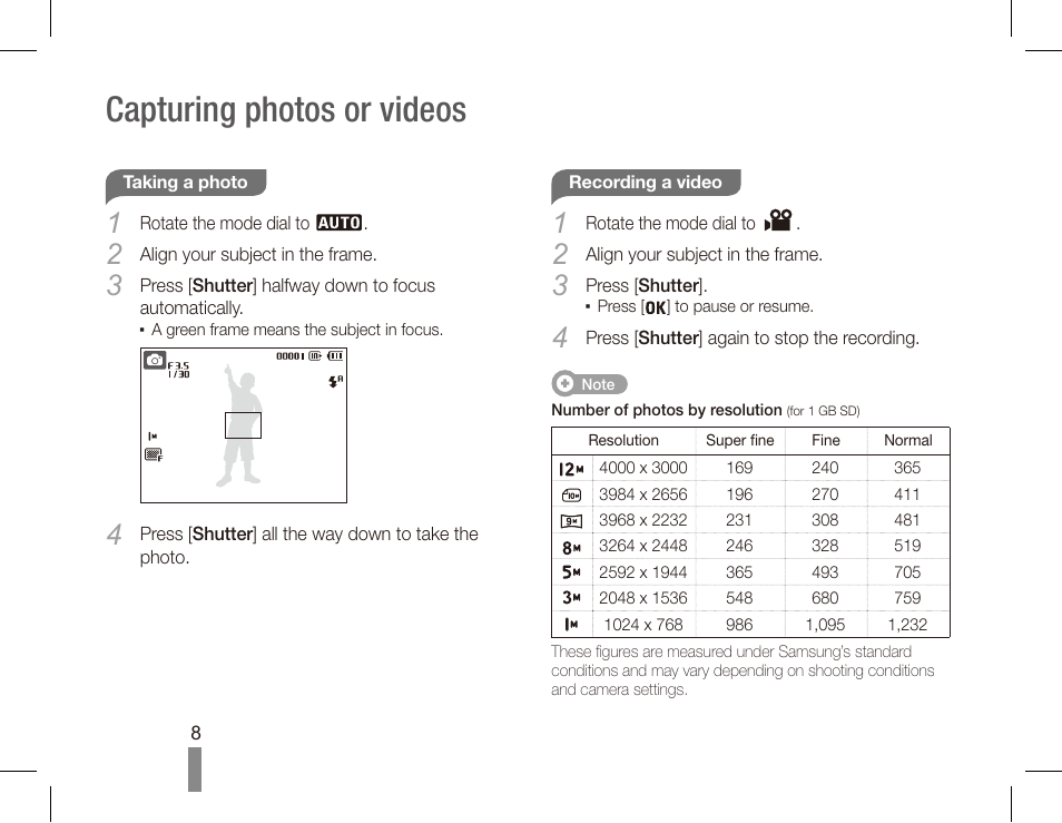 Capturing photos or videos | Samsung EC-SL502ZBPSUS User Manual | Page 8 / 22