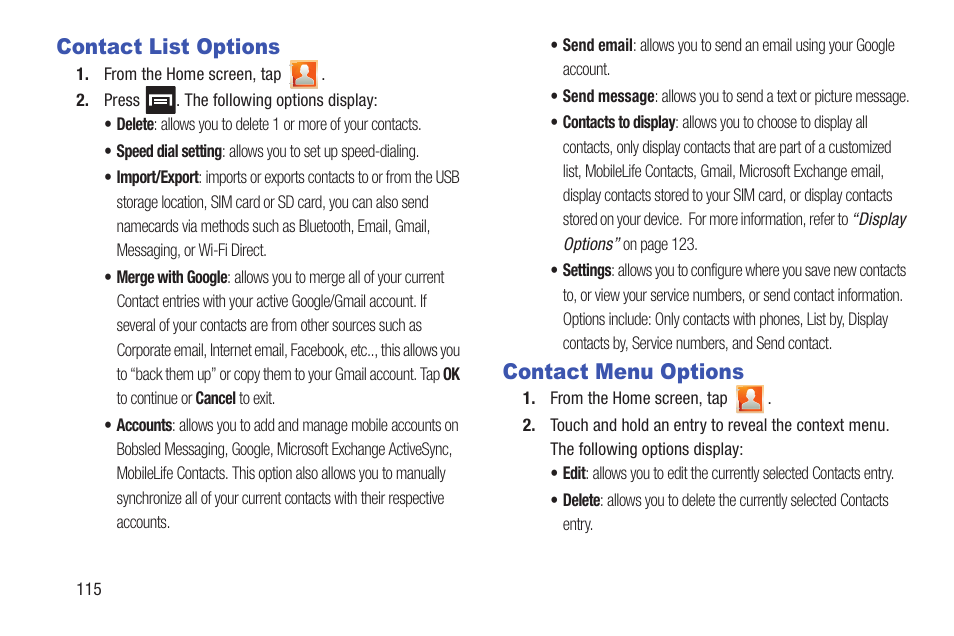 Contact list options, Contact menu options, Contact list options contact menu options | Samsung SGH-T879ZBBTMB User Manual | Page 120 / 369