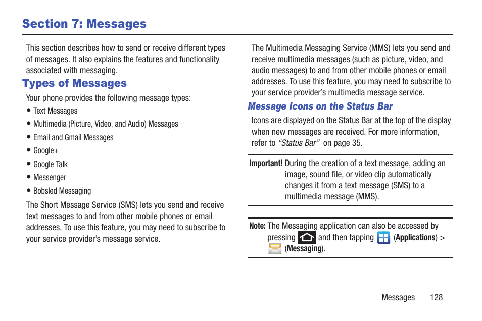 Section 7: messages, Types of messages | Samsung SGH-T879ZBBTMB User Manual | Page 133 / 369