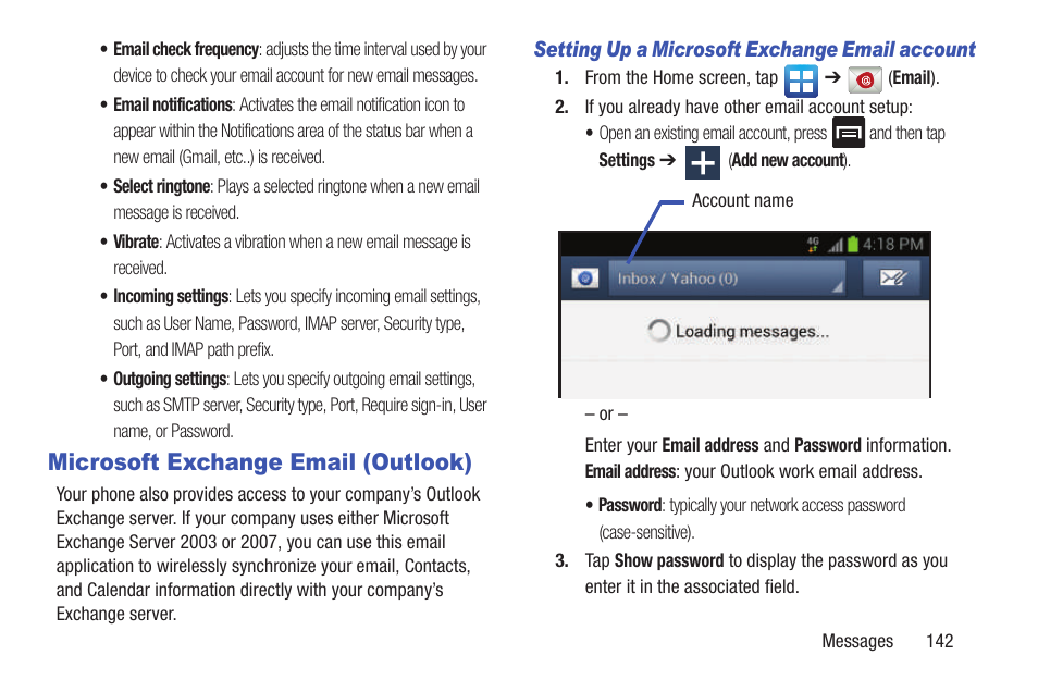 Microsoft exchange email (outlook) | Samsung SGH-T879ZBBTMB User Manual | Page 147 / 369