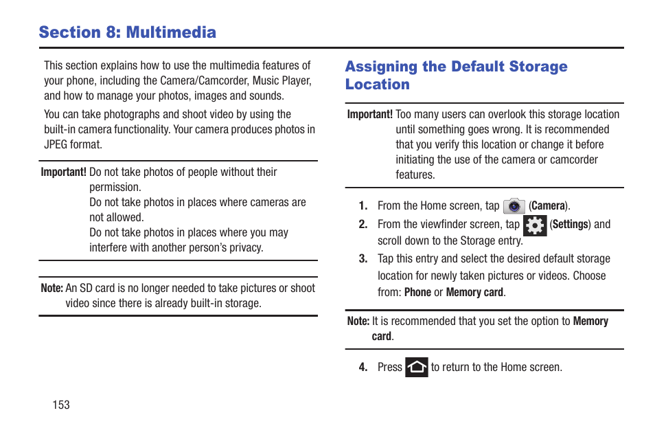 Section 8: multimedia, Assigning the default storage location | Samsung SGH-T879ZBBTMB User Manual | Page 158 / 369