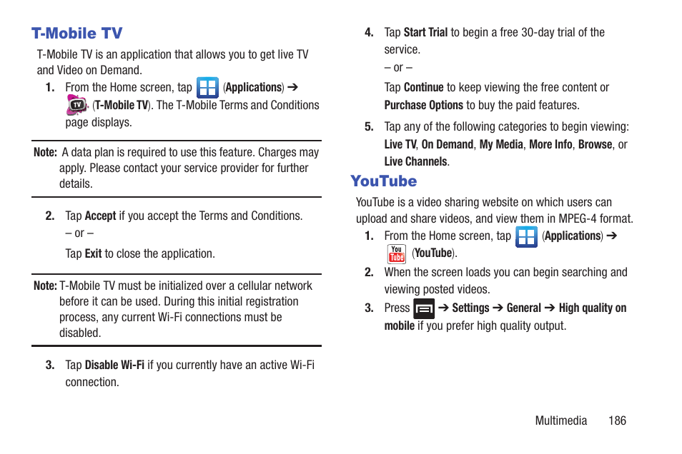 T-mobile tv, Youtube, T-mobile tv youtube | Samsung SGH-T879ZBBTMB User Manual | Page 191 / 369