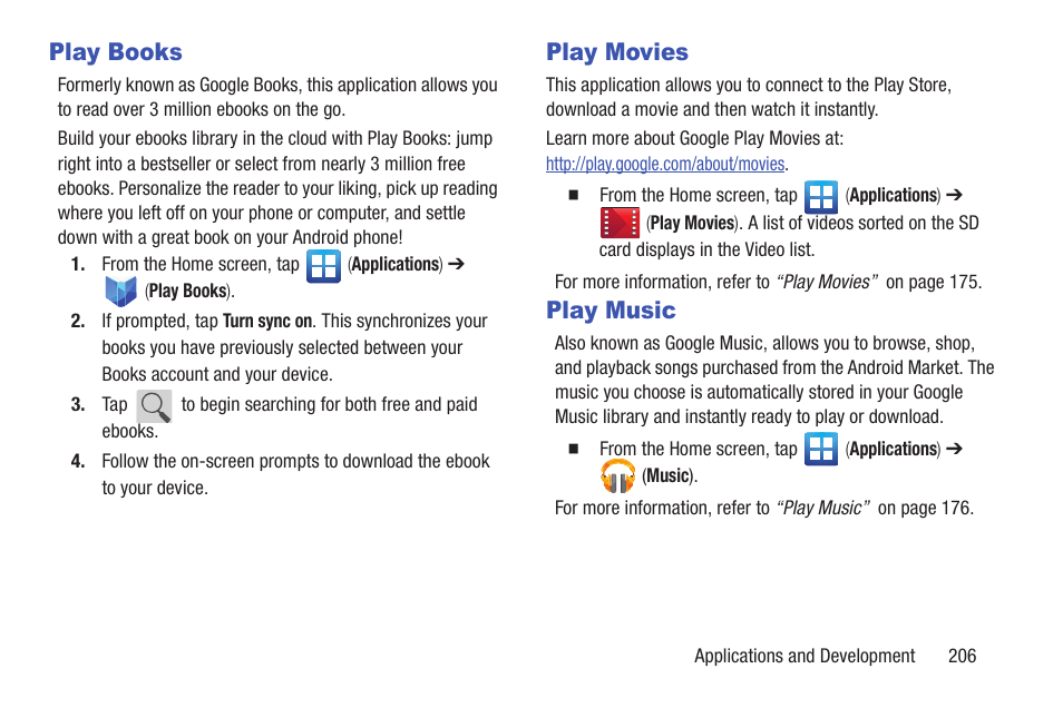 Play books, Play movies, Play music | Play books play movies play music | Samsung SGH-T879ZBBTMB User Manual | Page 211 / 369