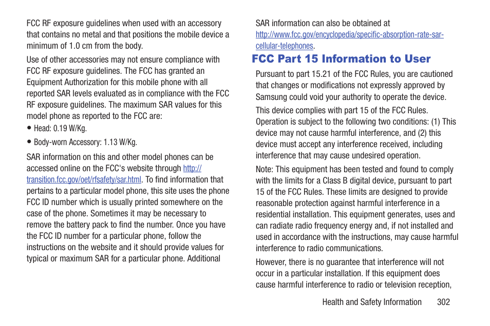 Fcc part 15 information to user | Samsung SGH-T879ZBBTMB User Manual | Page 307 / 369