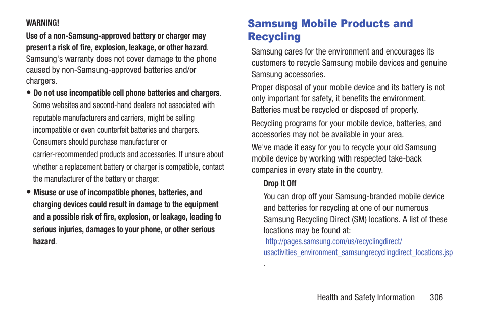 Samsung mobile products and recycling | Samsung SGH-T879ZBBTMB User Manual | Page 311 / 369