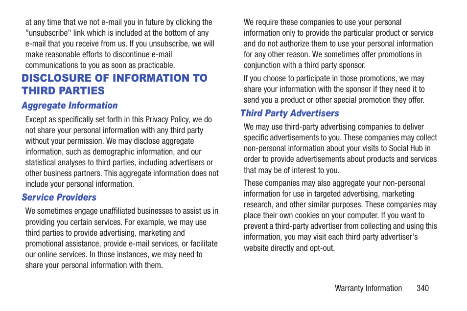 Disclosure of information to third parties, Disclosure of information to, Third parties | Samsung SGH-T879ZBBTMB User Manual | Page 345 / 369