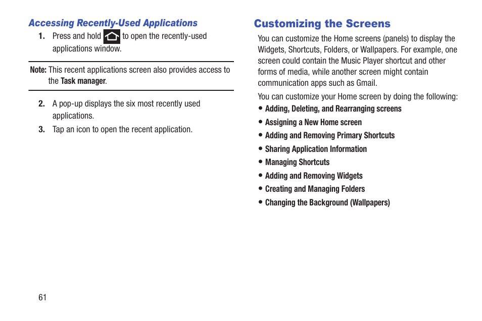 Customizing the screens | Samsung SGH-T879ZBBTMB User Manual | Page 66 / 369