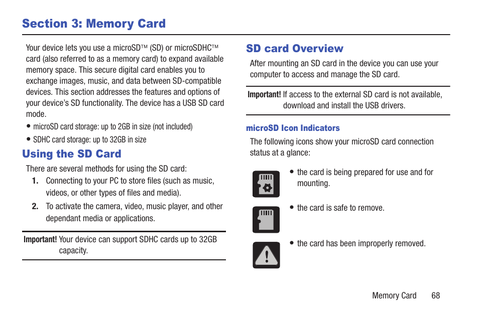 Section 3: memory card, Using the sd card, Sd card overview | Using the sd card sd card overview | Samsung SGH-T879ZBBTMB User Manual | Page 73 / 369