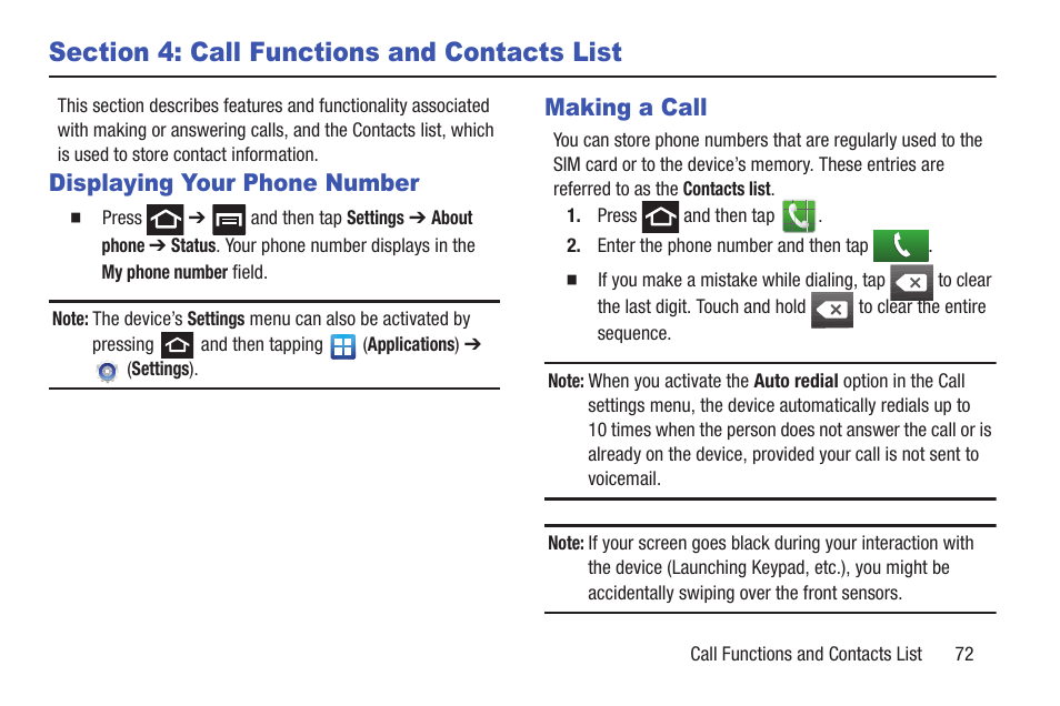 Section 4: call functions and contacts list, Displaying your phone number, Making a call | Displaying your phone number making a call | Samsung SGH-T879ZBBTMB User Manual | Page 77 / 369