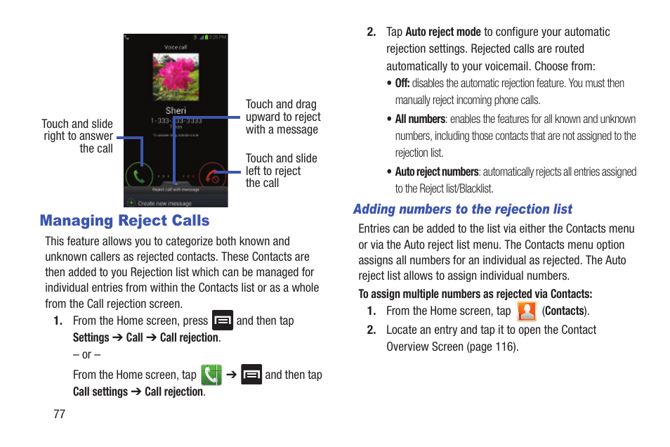 Managing reject calls | Samsung SGH-T879ZBBTMB User Manual | Page 82 / 369