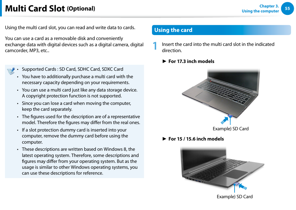 Multi card slot (optional), Multi card slot, Optional) | Samsung NP700Z5A-S09US User Manual | Page 56 / 156