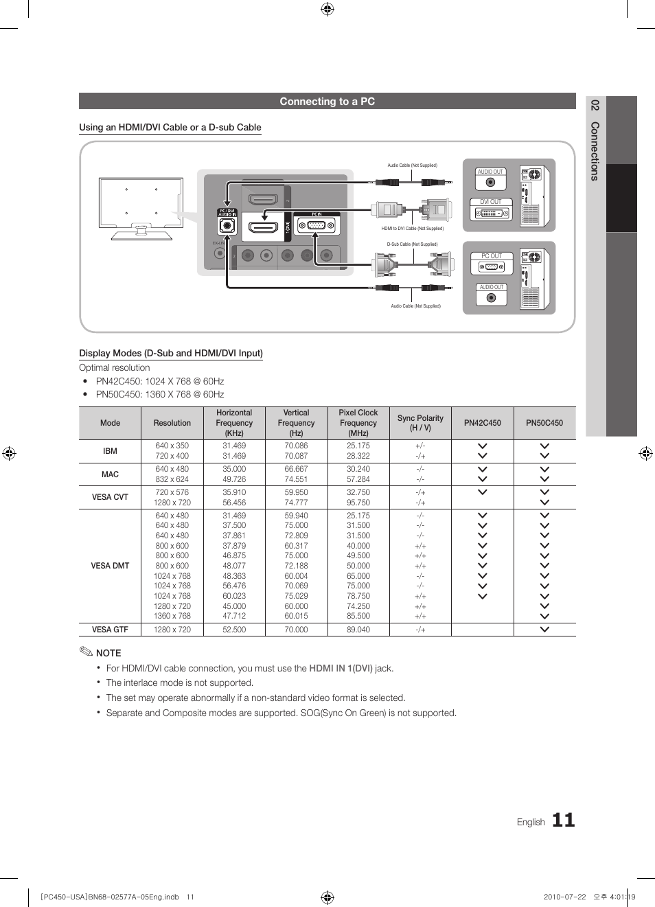 Connecting to a pc | Samsung PN50C450B1DXZA User Manual | Page 11 / 38