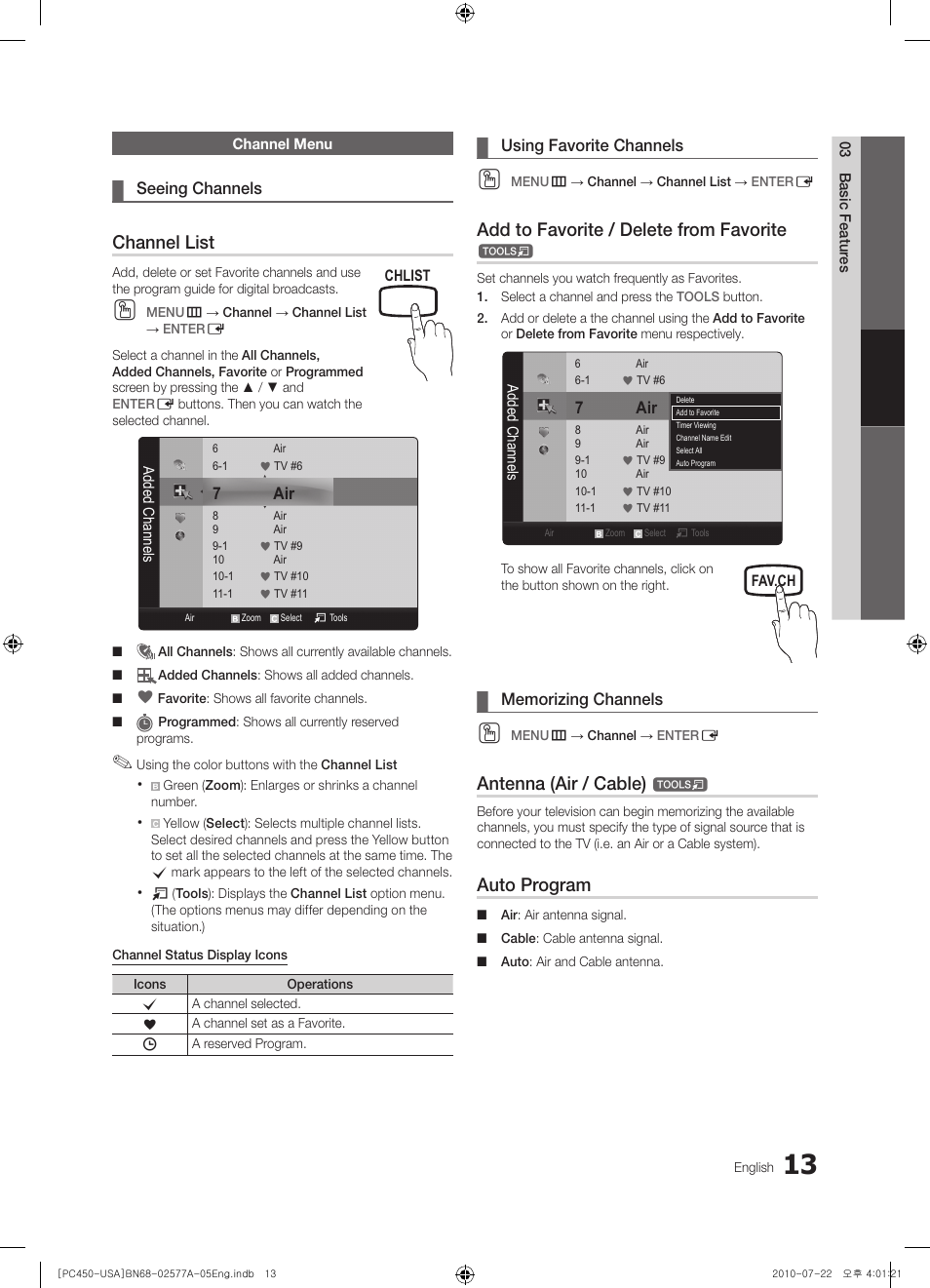 Channel menu, Seeing channels, Using favorite channels | Memorizing channels, Channel list, Add to favorite / delete from favorite, Antenna (air / cable), Auto program | Samsung PN50C450B1DXZA User Manual | Page 13 / 38