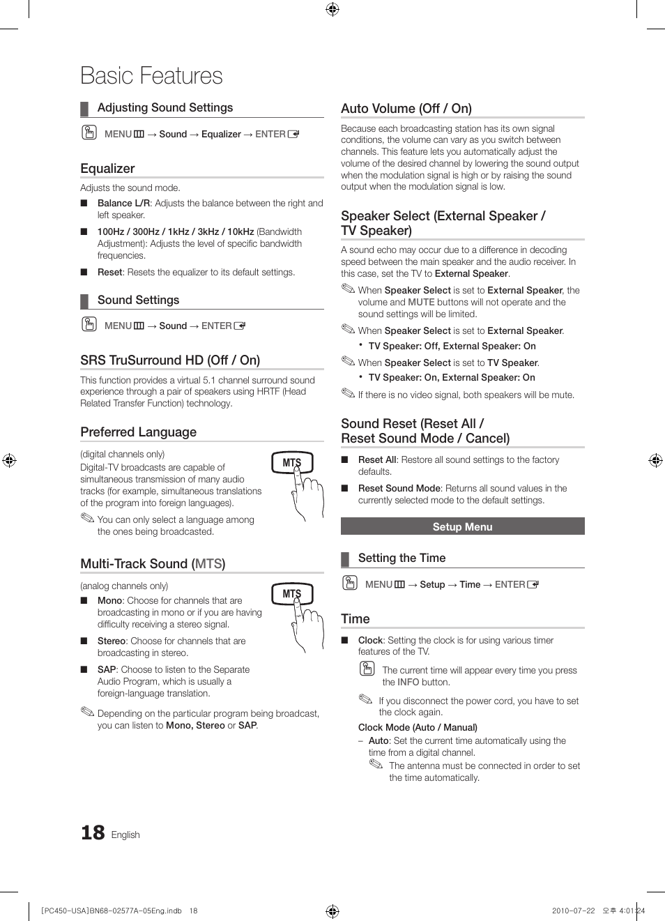 Adjusting sound settings, Sound settings, Setup menu | Setting the time, Basic features | Samsung PN50C450B1DXZA User Manual | Page 18 / 38