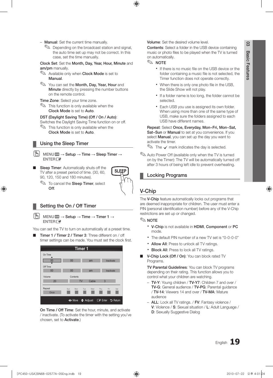 Using the sleep timer, Setting the on / off timer, Locking programs | V-chip | Samsung PN50C450B1DXZA User Manual | Page 19 / 38