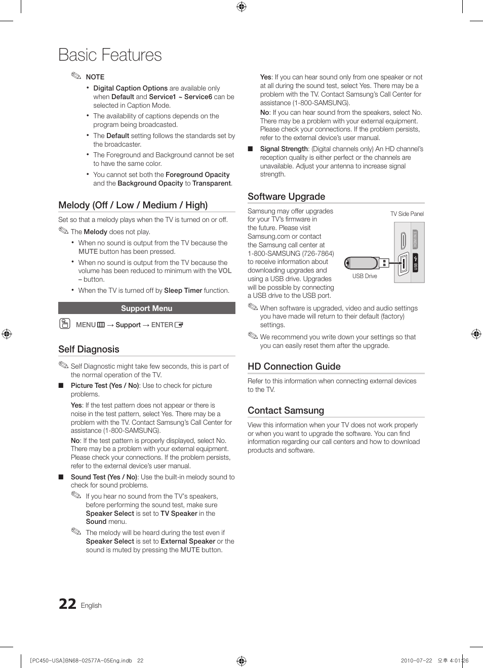 Support menu, Basic features | Samsung PN50C450B1DXZA User Manual | Page 22 / 38