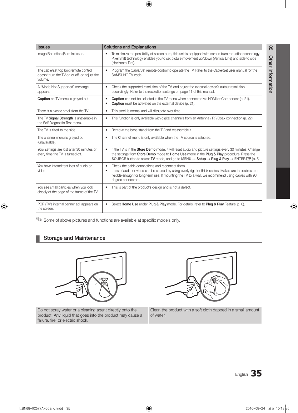 Storage and maintenance | Samsung PN50C450B1DXZA User Manual | Page 35 / 38