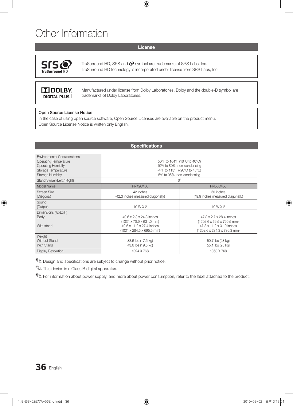 Specifications, License, Storage and maintenance | Other information | Samsung PN50C450B1DXZA User Manual | Page 36 / 38