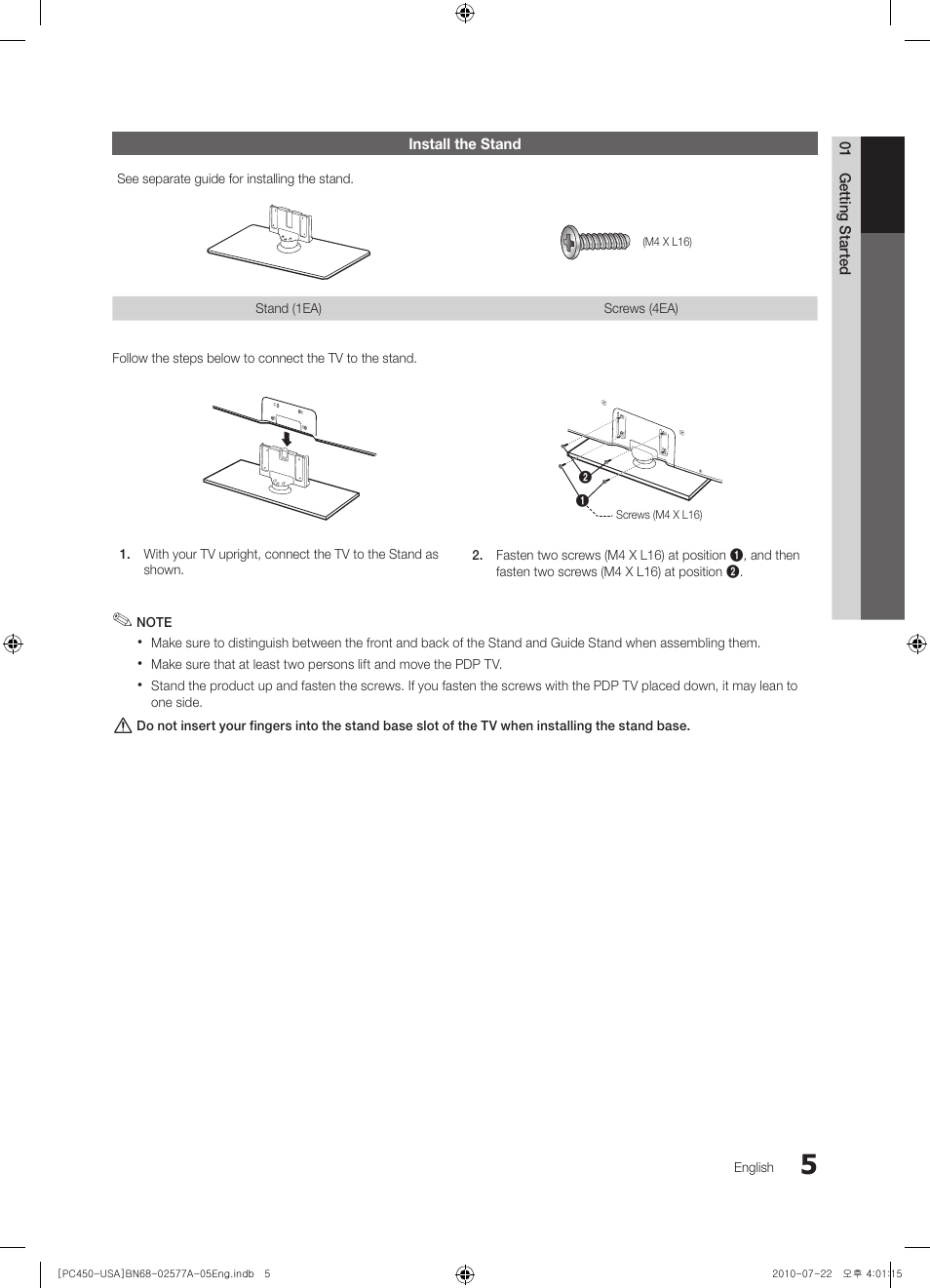 Install the stand | Samsung PN50C450B1DXZA User Manual | Page 5 / 38