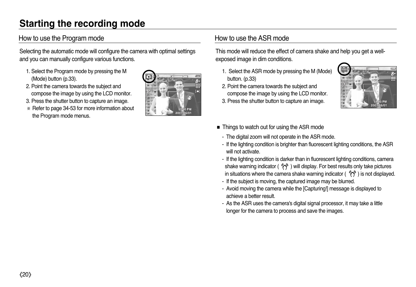 Starting the recording mode | Samsung L83T User Manual | Page 21 / 114