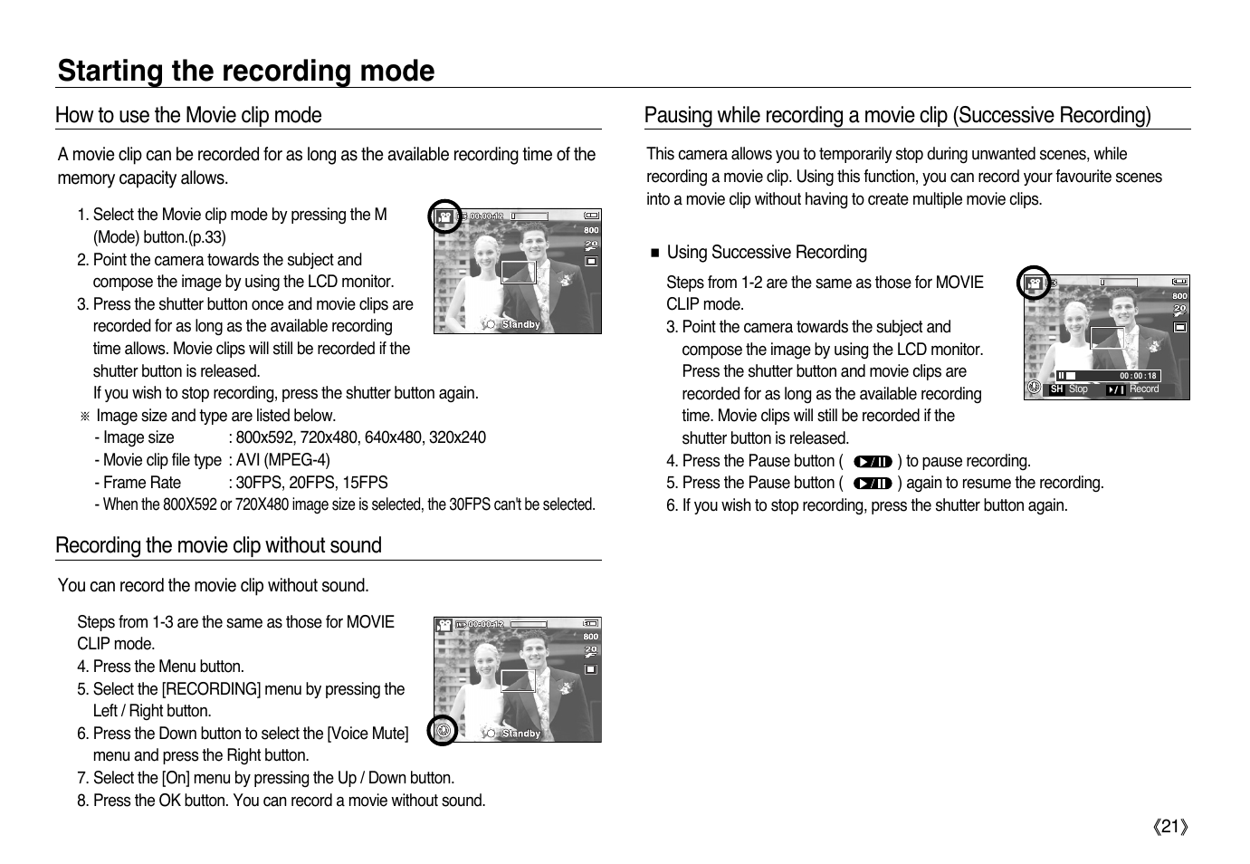 Starting the recording mode, How to use the movie clip mode, Recording the movie clip without sound | Samsung L83T User Manual | Page 22 / 114