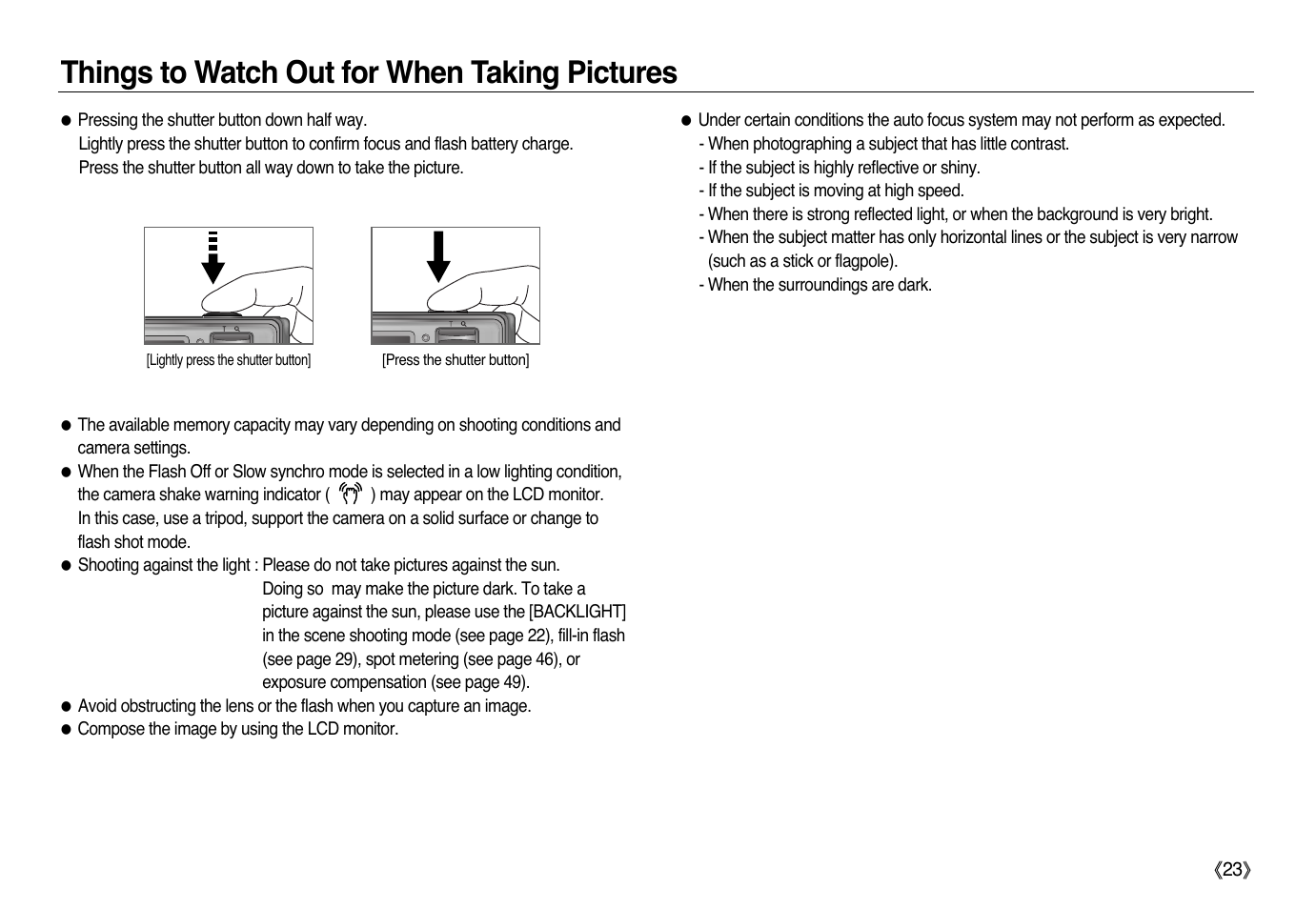 Things to watch out for when taking pictures | Samsung L83T User Manual | Page 24 / 114