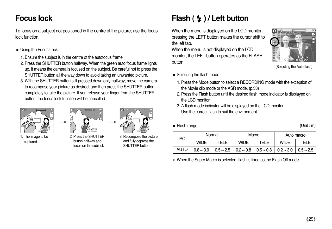 Focus lock flash ( ) / left button | Samsung L83T User Manual | Page 30 / 114
