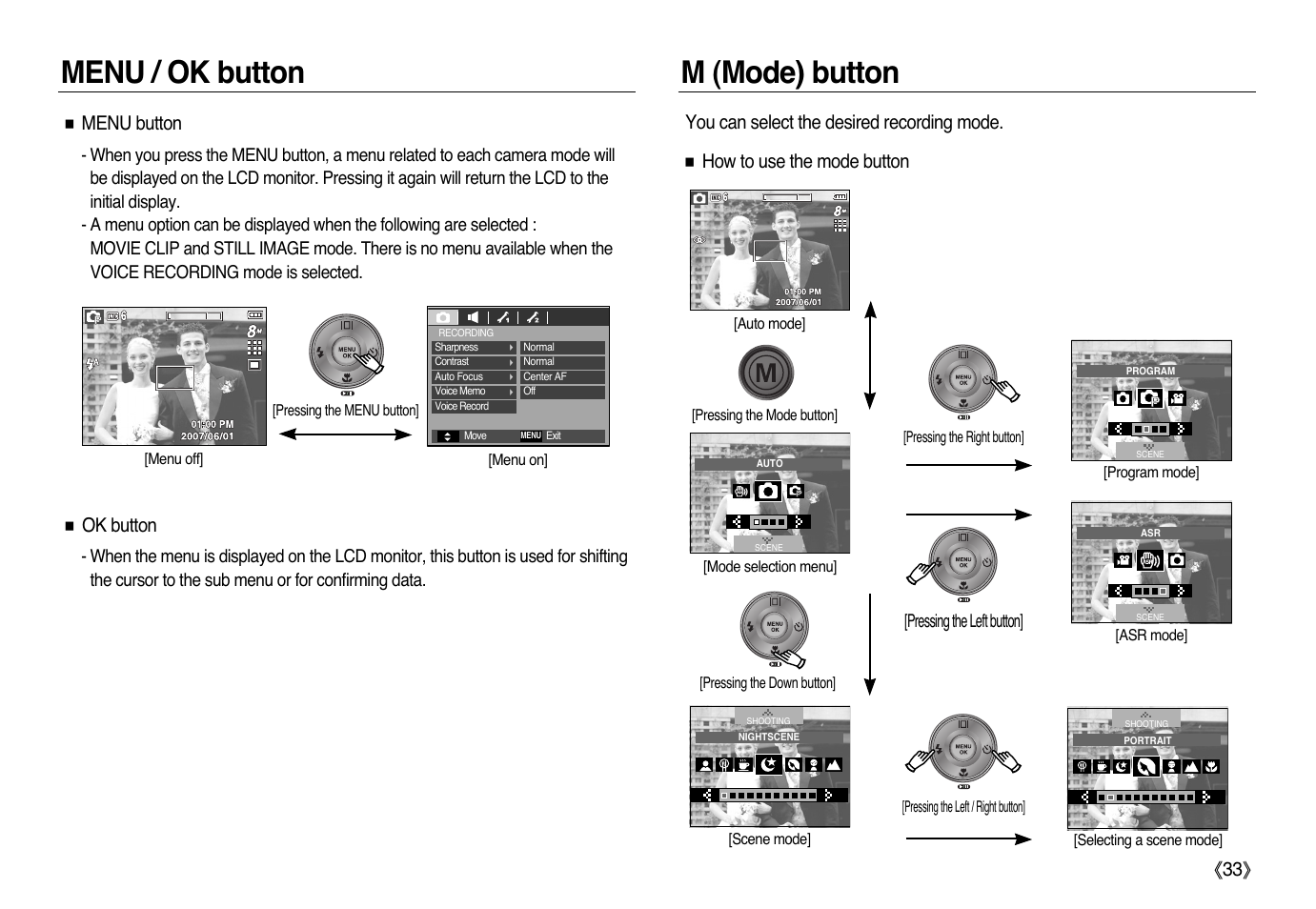 Menu / ok button m (mode) button, Menu button, Ok button | Samsung L83T User Manual | Page 34 / 114