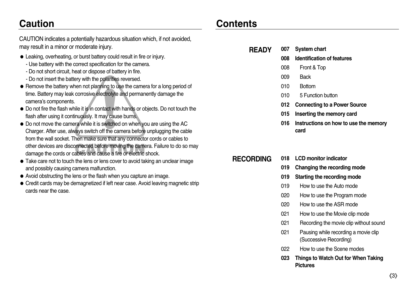 Caution contents, Ready recording | Samsung L83T User Manual | Page 4 / 114