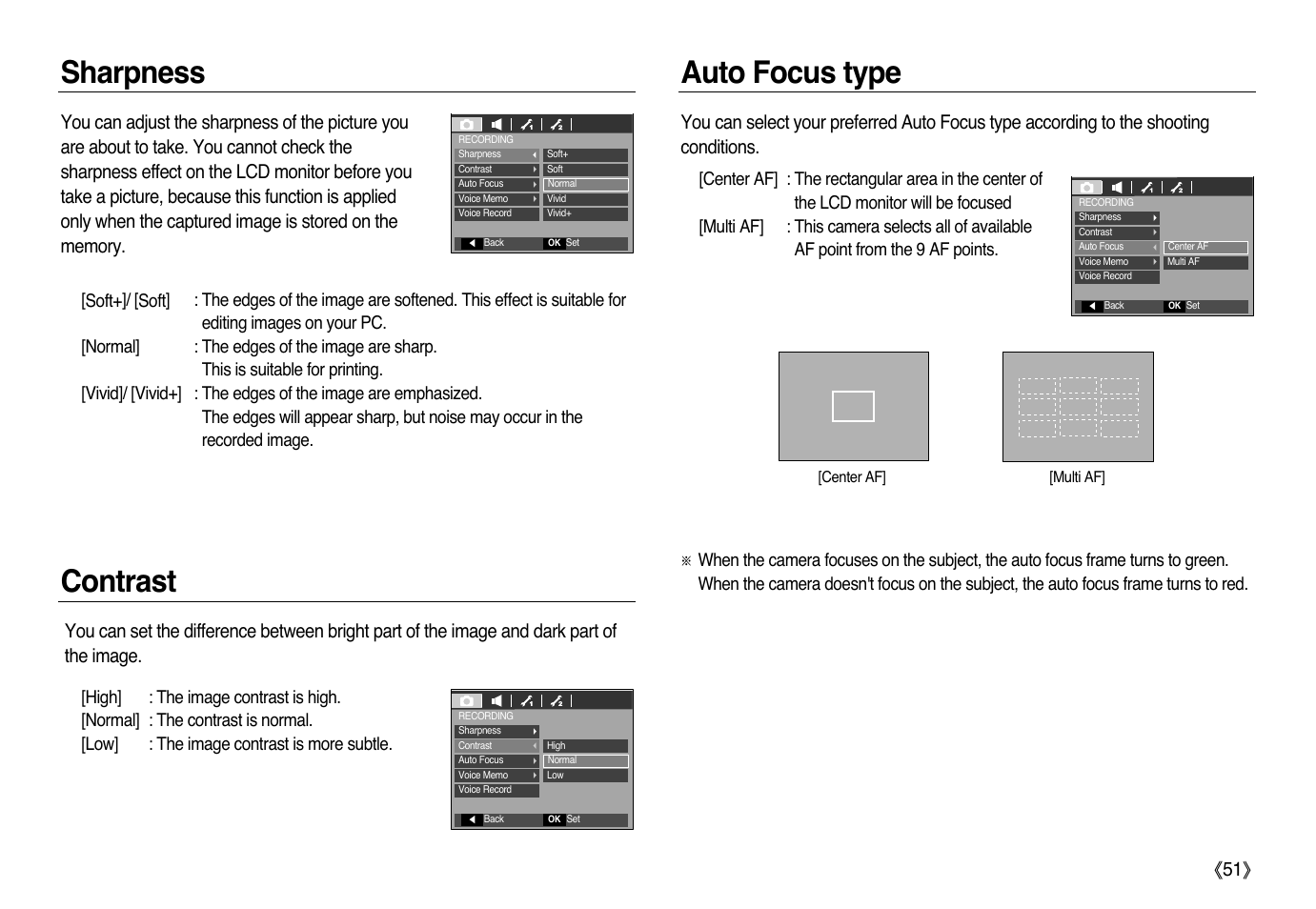 Sharpness auto focus type, Contrast | Samsung L83T User Manual | Page 52 / 114