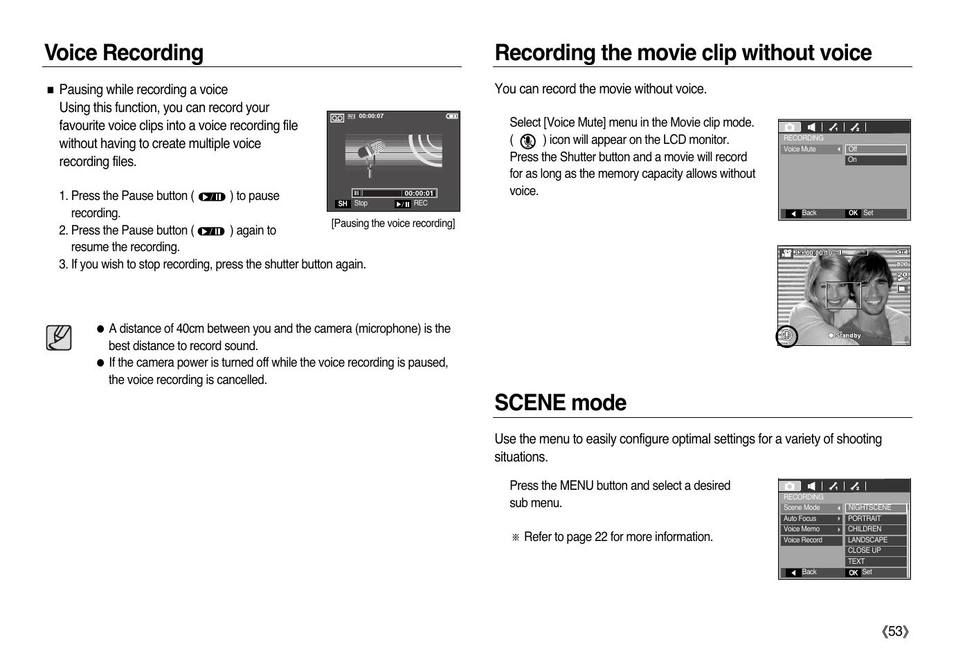 Scene mode, You can record the movie without voice | Samsung L83T User Manual | Page 54 / 114