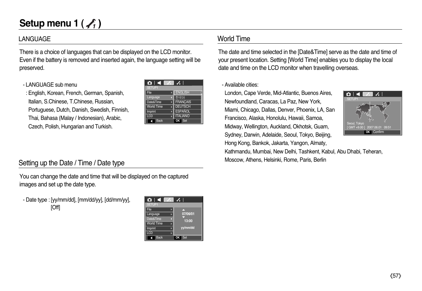 Setup menu 1 ( ), World time, Setting up the date / time / date type | Language | Samsung L83T User Manual | Page 58 / 114