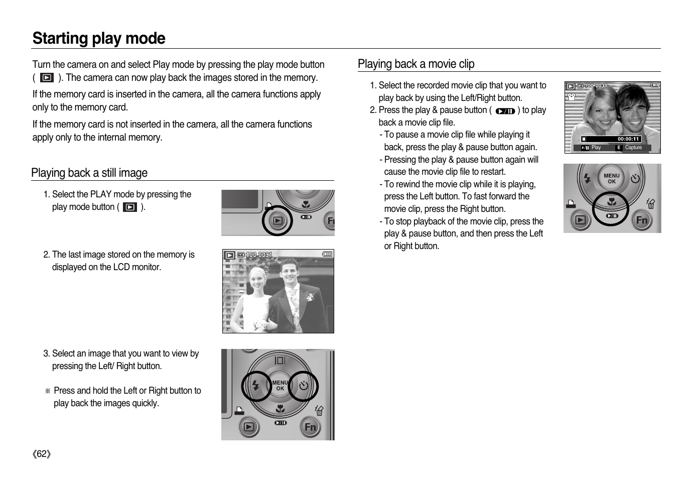 Starting play mode, Playing back a still image, Playing back a movie clip | Samsung L83T User Manual | Page 63 / 114