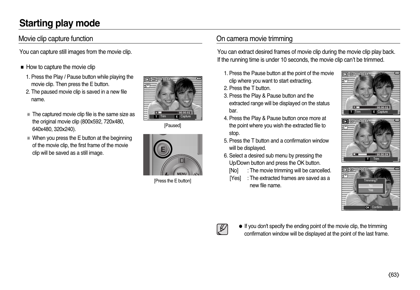 Starting play mode, Movie clip capture function, On camera movie trimming | Samsung L83T User Manual | Page 64 / 114