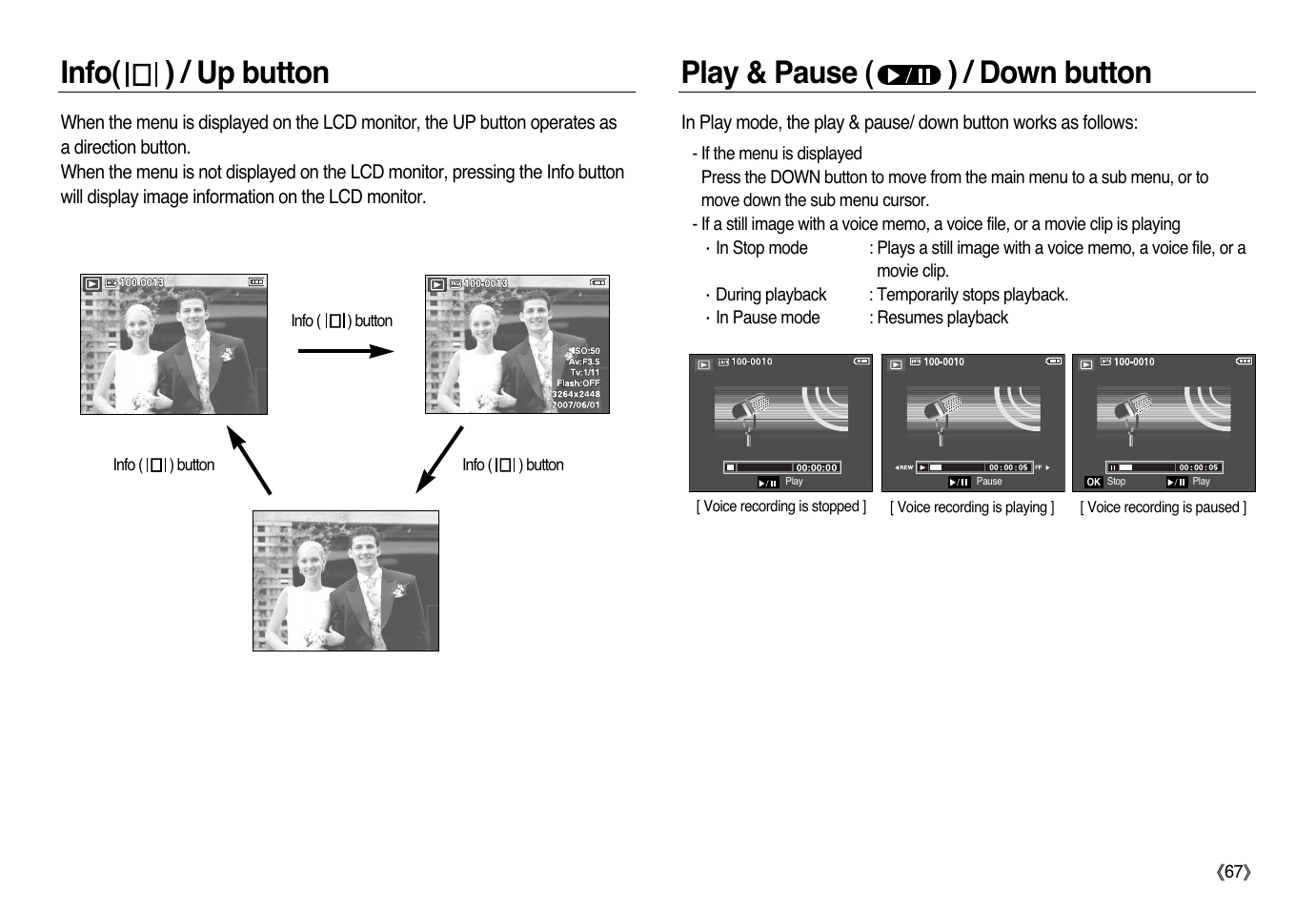 Info( ) / up button play & pause ( ) / down button | Samsung L83T User Manual | Page 68 / 114