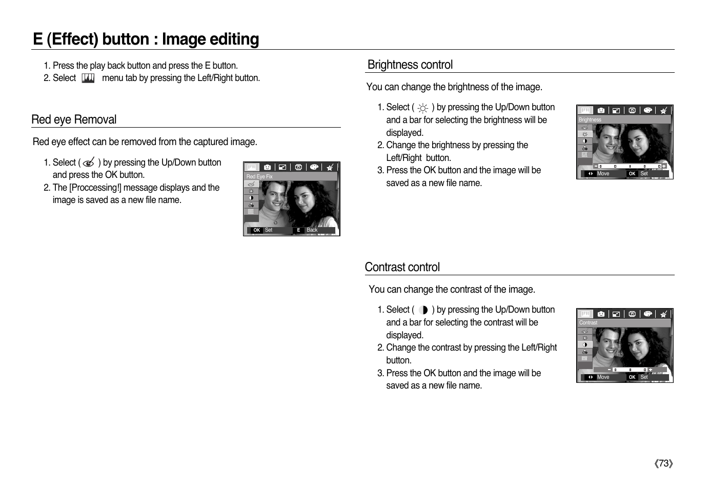 E (effect) button : image editing, Brightness control, Contrast control | Red eye removal | Samsung L83T User Manual | Page 74 / 114