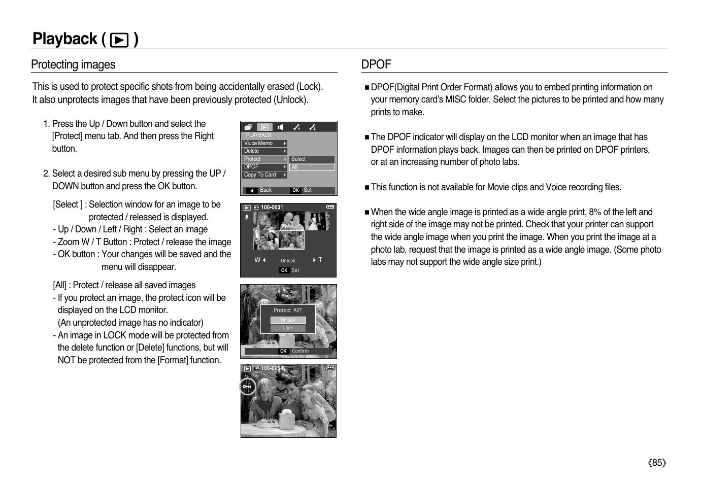 Playback ( ), Protecting images, Dpof | Samsung L83T User Manual | Page 86 / 114