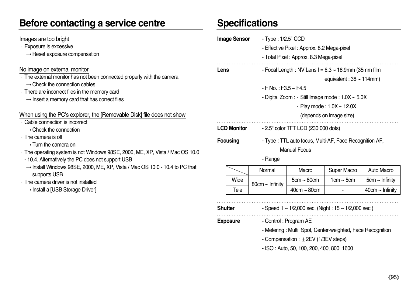Before contacting a service centre specifications | Samsung L83T User Manual | Page 96 / 114