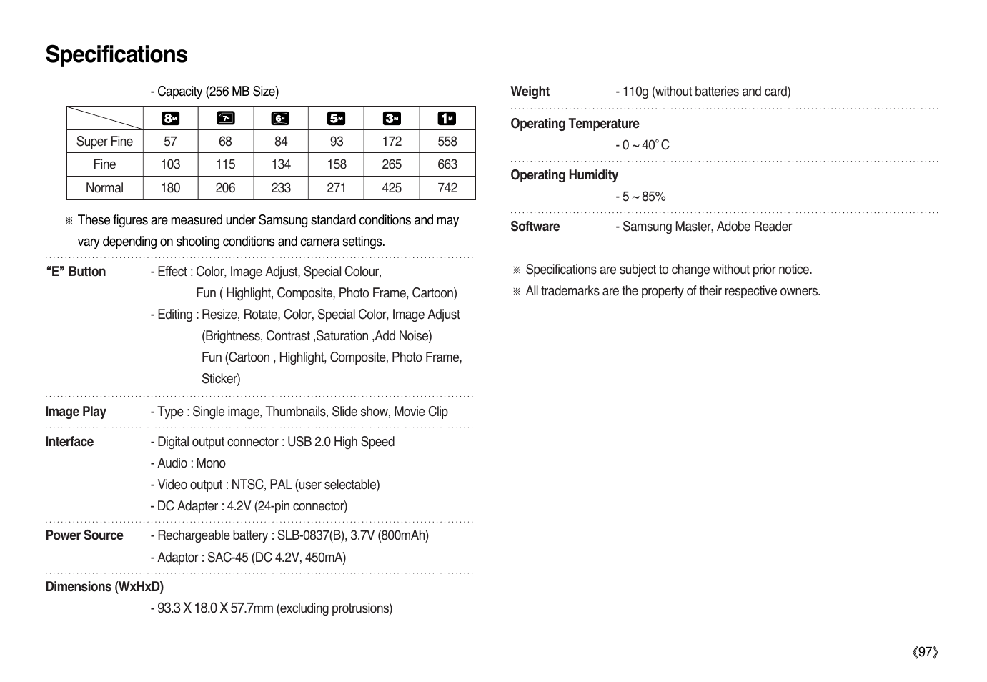 Specifications | Samsung L83T User Manual | Page 98 / 114